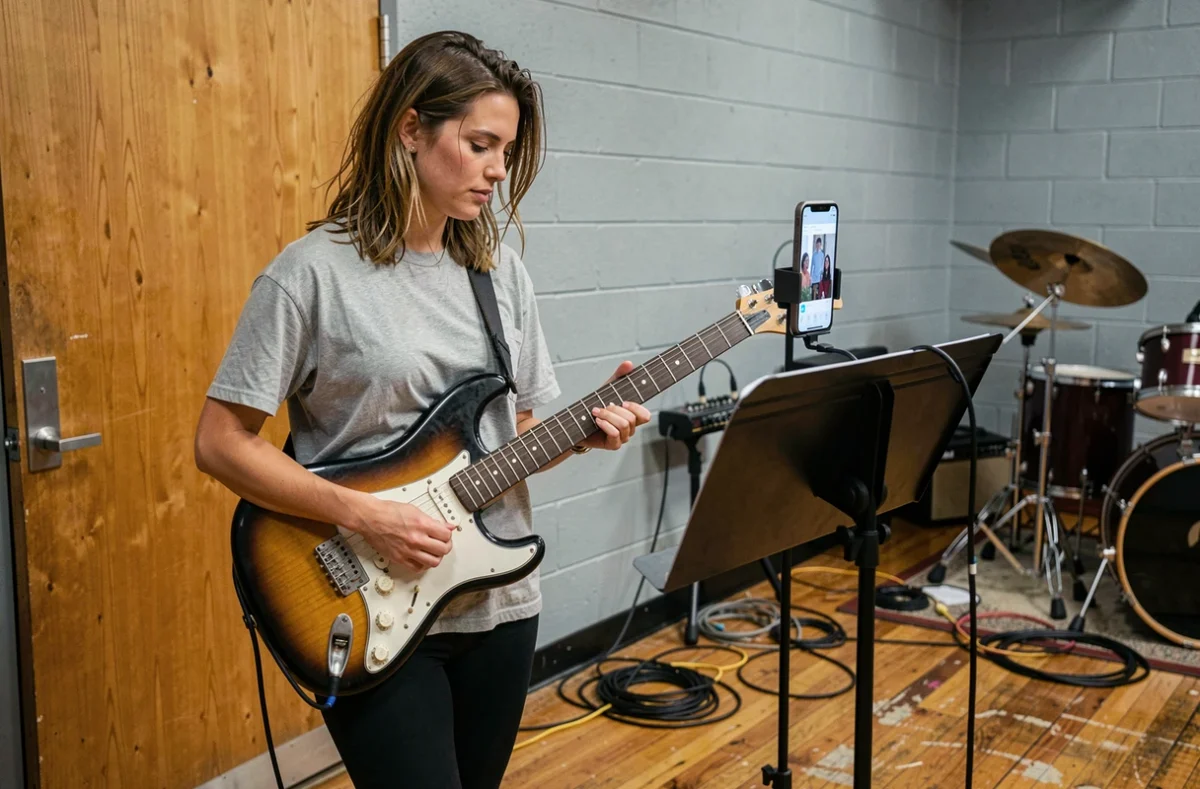 Guitariste femme accordant sa guitare électrique avec son smartphone dans une salle de répétition