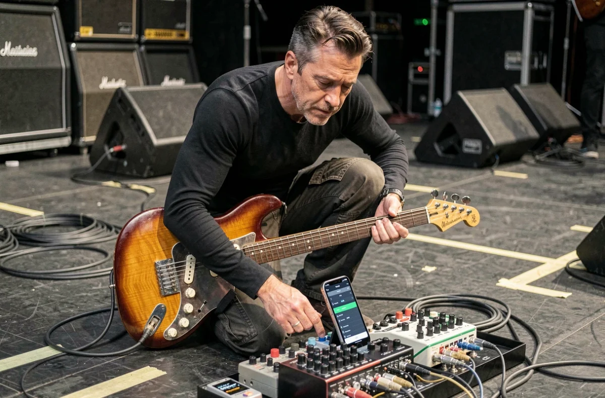 Guitariste professionnel accordant sa guitare électrique avec un téléphone sur scène lors d'une balance son