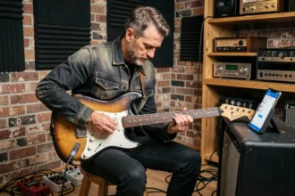 Guitariste électrique accordant sa guitare avec une application téléphone dans un studio home recording vintage