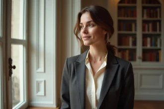 Actrice française mystérieuse posant dans un appartement parisien haussmannien, regard énigmatique et sourire discret