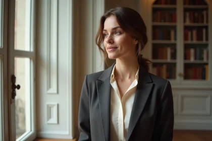 Actrice française mystérieuse posant dans un appartement parisien haussmannien, regard énigmatique et sourire discret