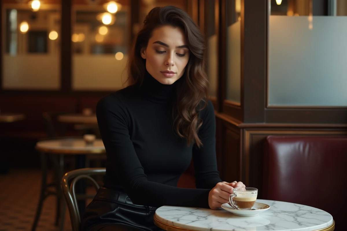 Femme pensive attablée dans une brasserie française, atmosphère mystérieuse autour de l'âge d'une actrice