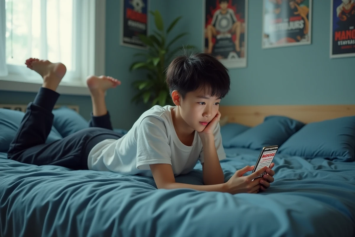 Adolescent allongé sur son lit consultant un catalogue de séries manga sur smartphone via Phénix Scan