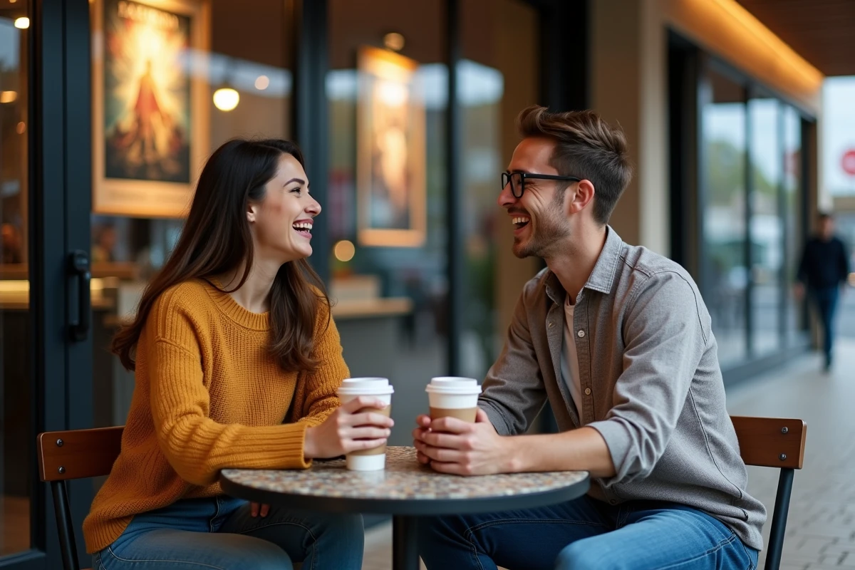 Deux amis discutant d'un film devant le lobby d'un cinéma autour d'un café, ambiance conviviale