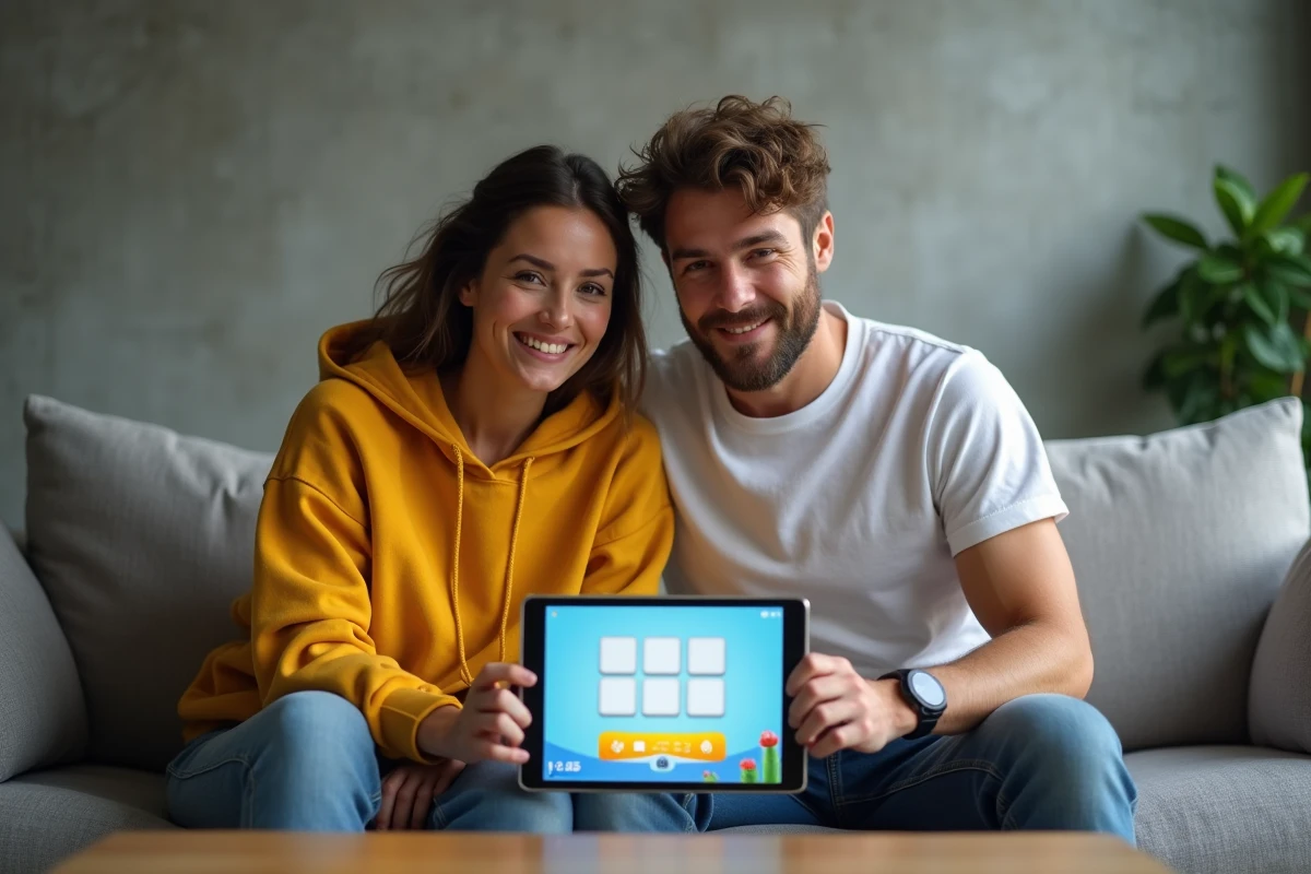 Deux amis jouant ensemble au jeu 4 images 1 mot avec 9 lettres sur une tablette