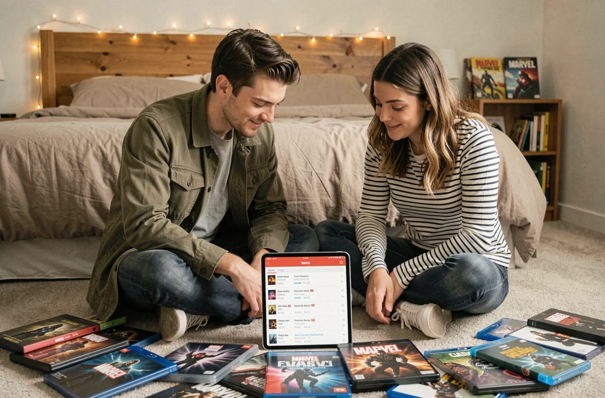 Deux amis choisissant l'ordre de visionnage des films Marvel avec une tablette entourés de boîtiers DVD
