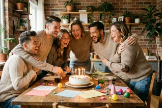 Groupe d'amis réunis autour d'un gâteau d'anniversaire avec des messages écrits à la main sur des cartes posées sur la table