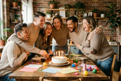 Groupe d'amis réunis autour d'un gâteau d'anniversaire avec des messages écrits à la main sur des cartes posées sur la table
