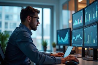 Jeune statisticien analysant des données sur plusieurs écrans