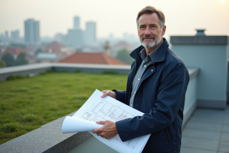 Architecte homme sur un toit moderne avec toitures variées