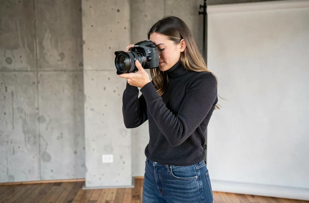 Photographe professionnelle Arthanistm dans un studio photo minimaliste en France, concentrée derrière son appareil photo reflex