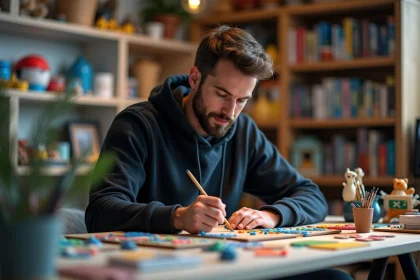 Homme peignant des tokens Pokémon dans un studio créatif