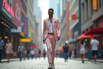 Artiste masculin en costume pastel dans une ville moderne