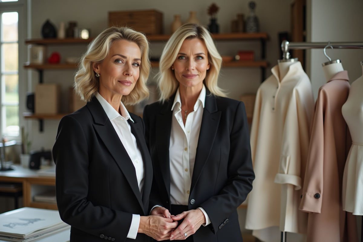 Femme élégante en atelier couture parisien avec mannequin
