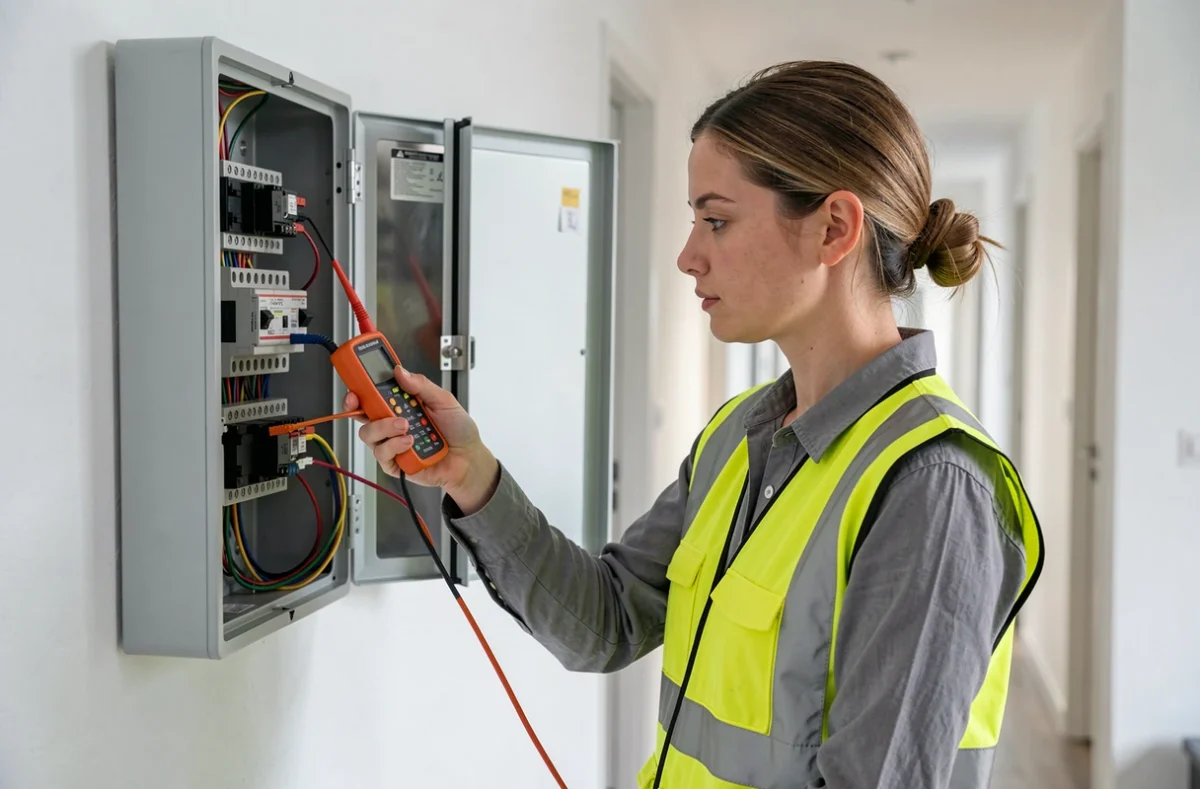 Électricienne d'Azur Elec connectant des câbles dans un tableau électrique d'un immeuble moderne