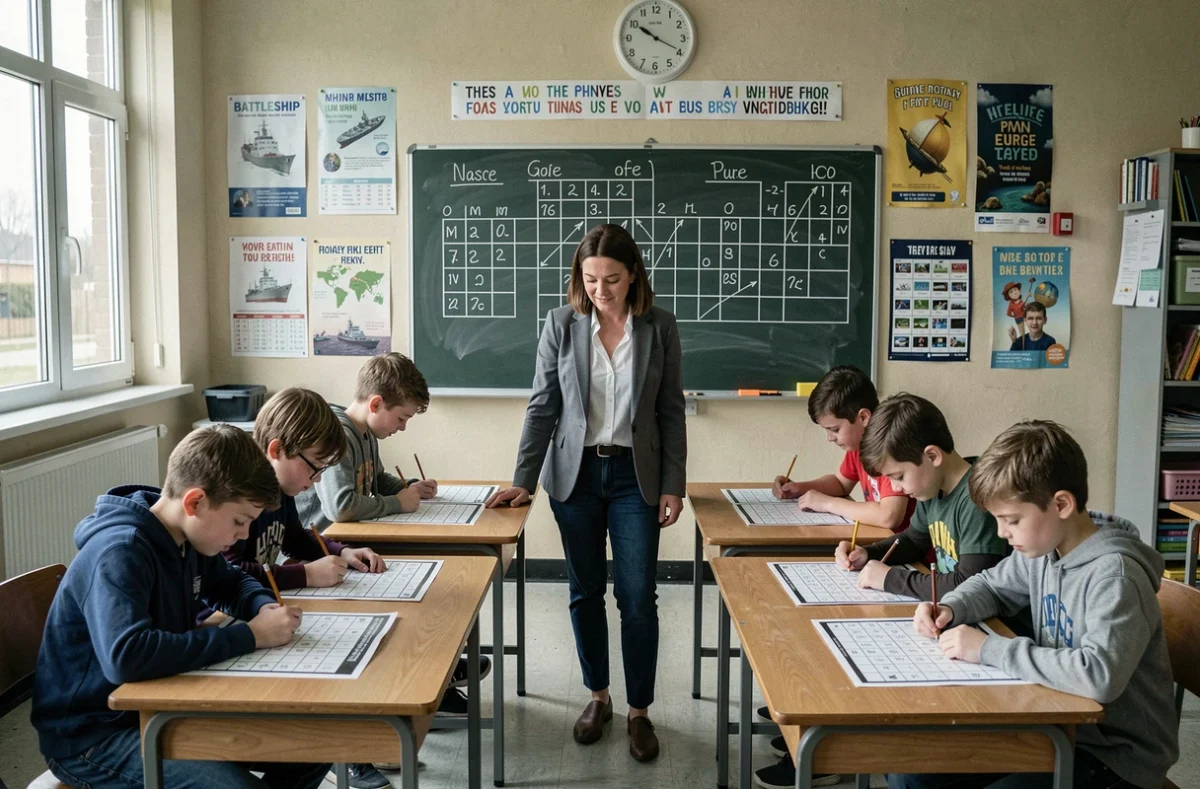 Enseignante supervisant des élèves jouant à la bataille navale en classe avec des grilles imprimées