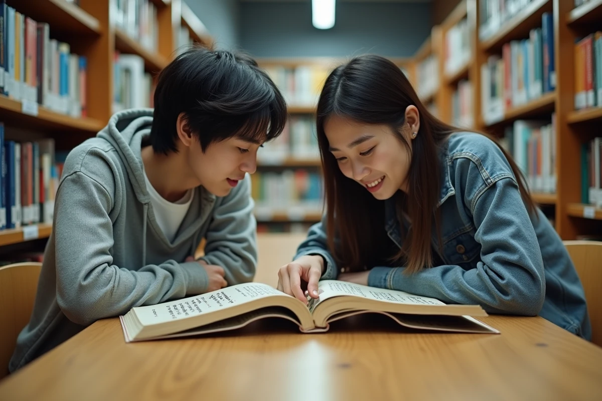 Deux jeunes adultes dans une bibliothèque comparant un manga en version originale japonaise et une traduction française scan
