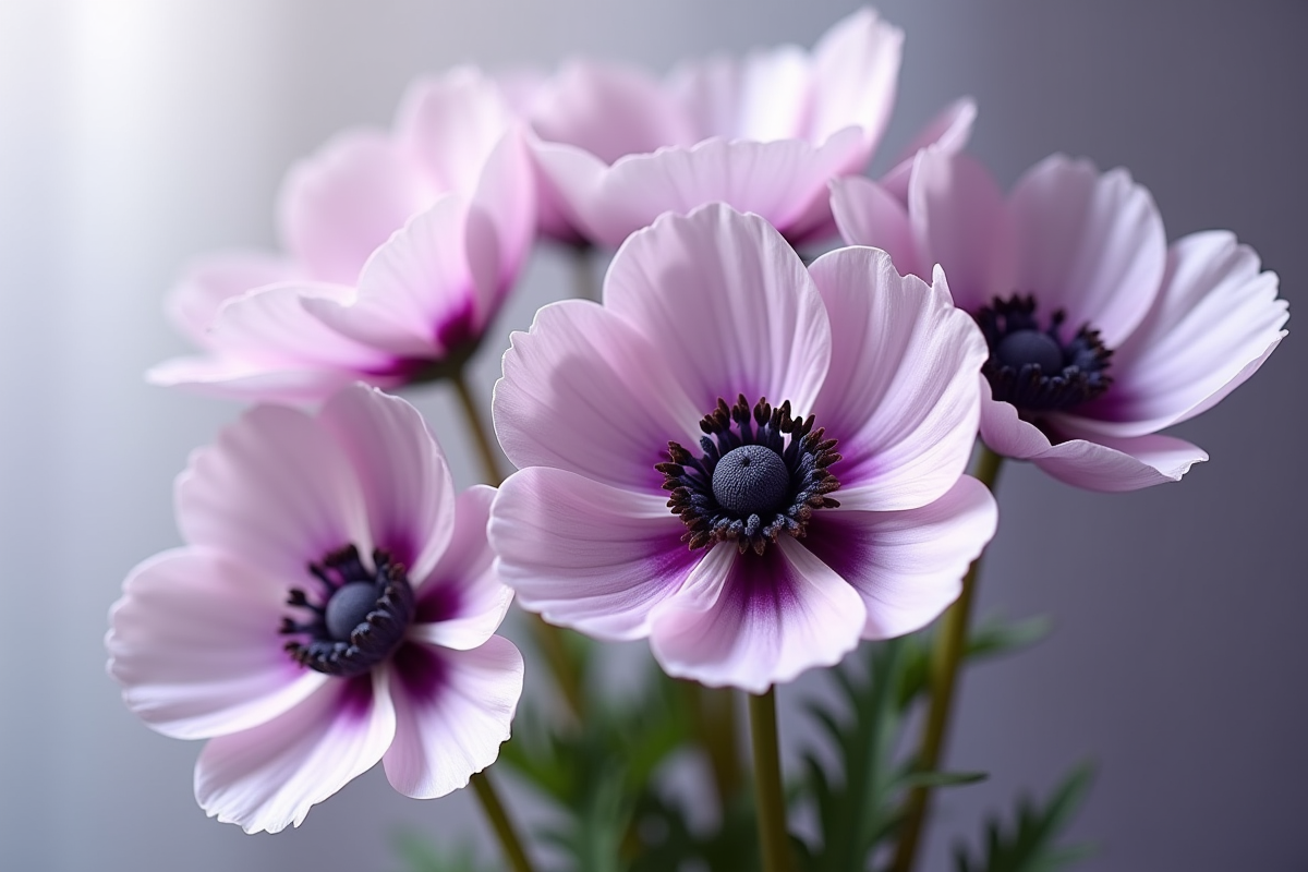 Bouquet d'anémones en gros plan aux pétales violets et blancs