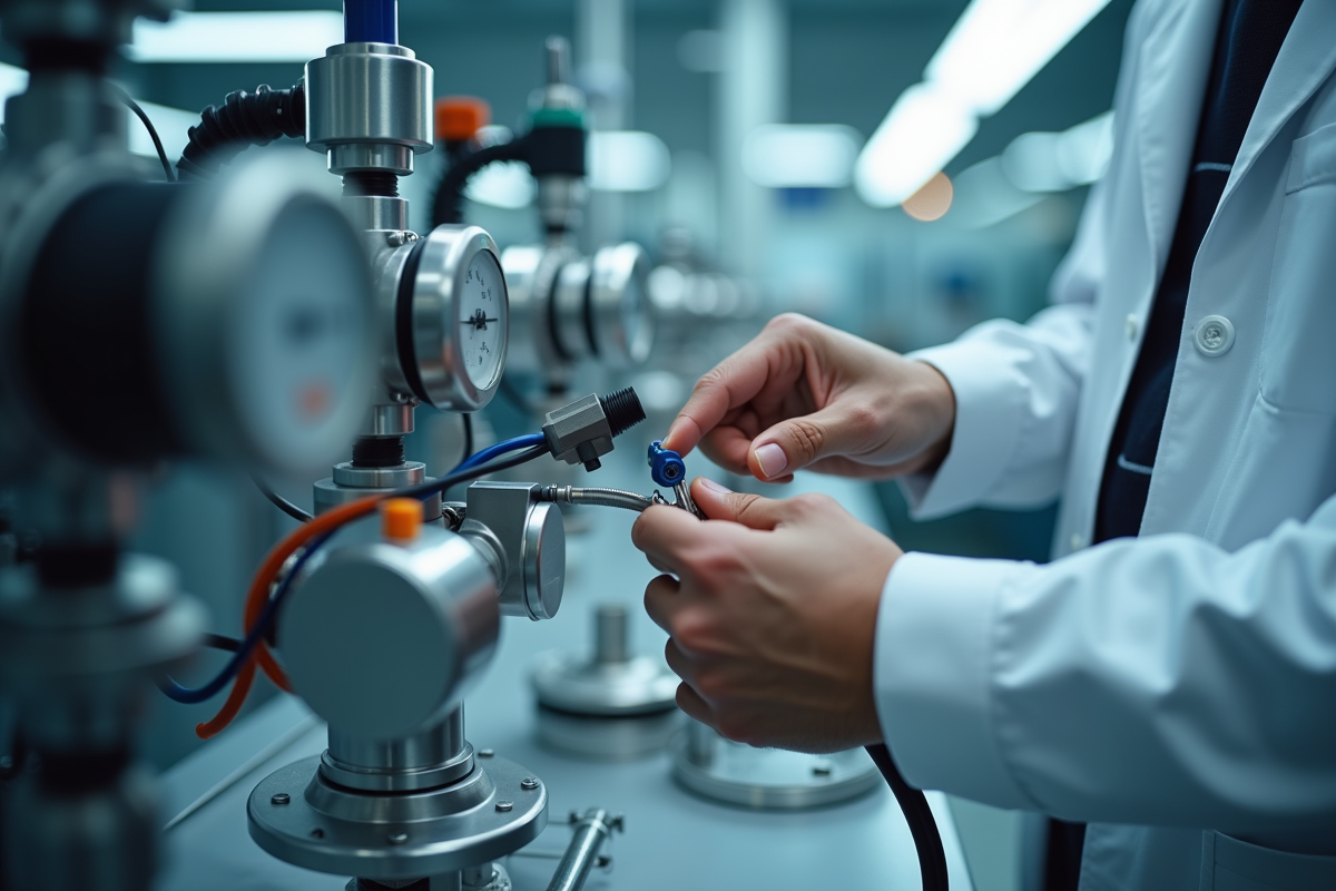 Ingénieur câblant un capteur en laboratoire moderne