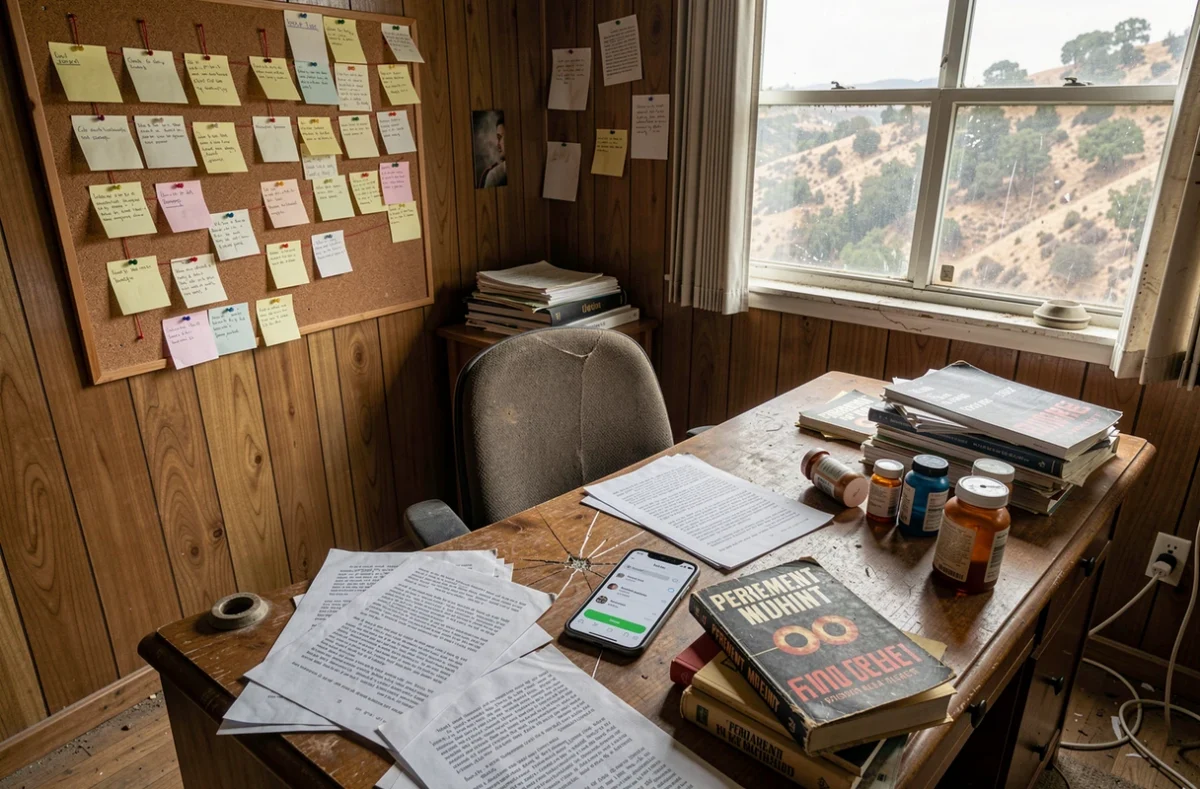 Bureau abandonné d'un écrivain américain avec manuscrits de speed fiction et objets évoquant l'œuvre de Jerry Stahl