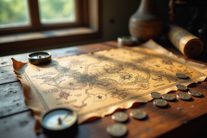 Carte au trésor pirate sur table en bois avec pièces et boussole