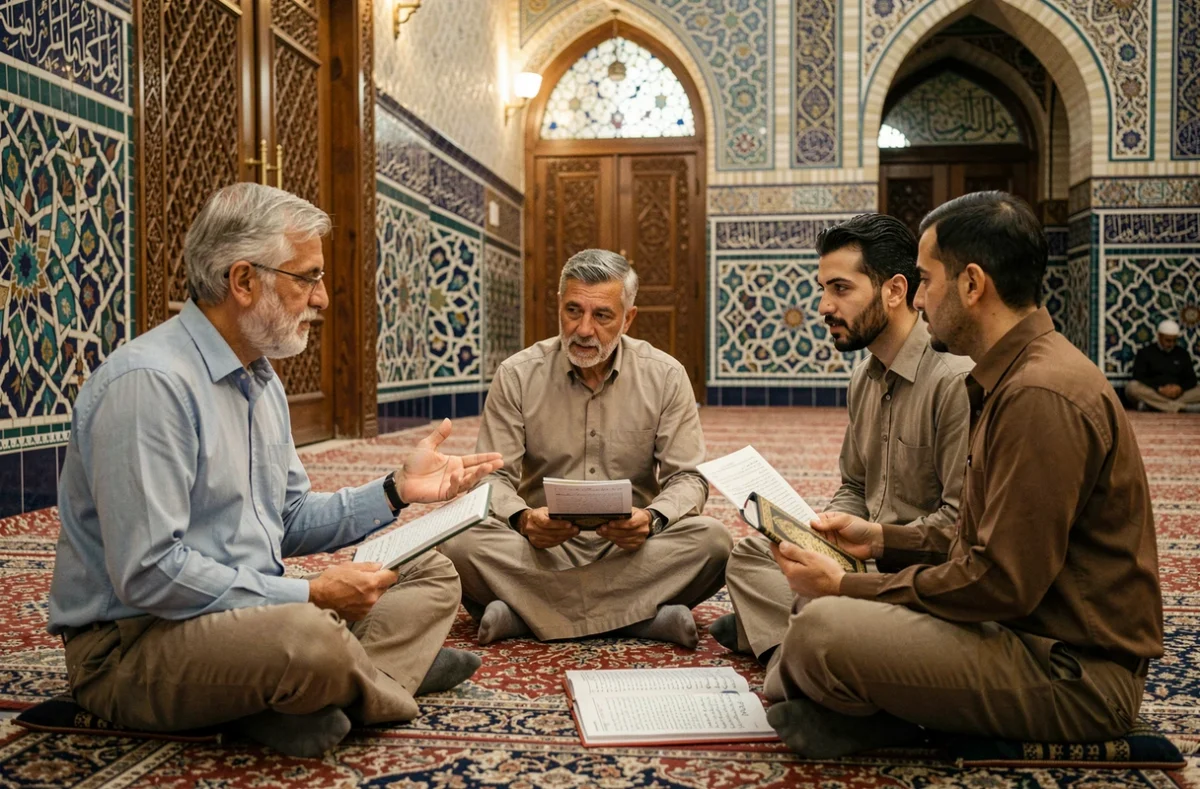 Cercle d'étude islamique d'hommes discutant du tafsir des derniers versets de la sourate Baqara dans une mosquée