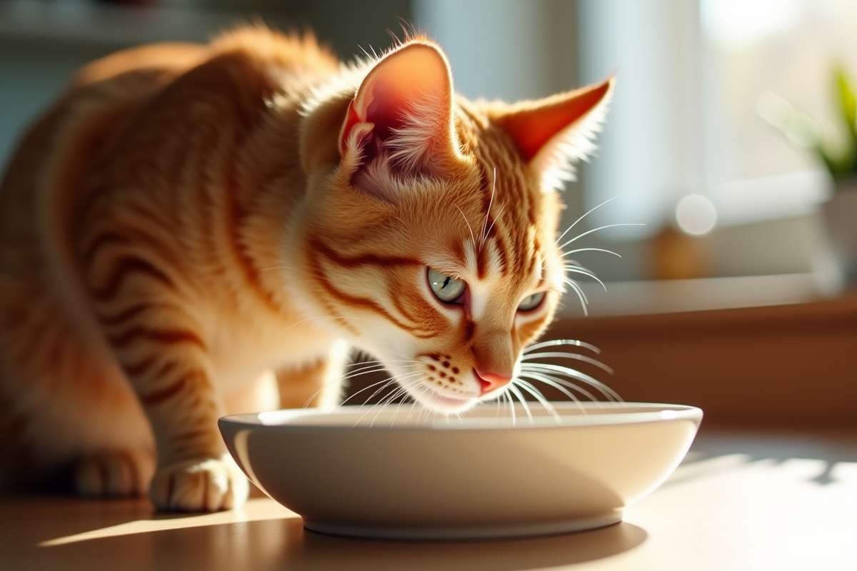 Chat orange buvant de l