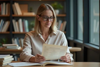 Femme d'âge moyen examinant des documents dans une bibliothèque moderne