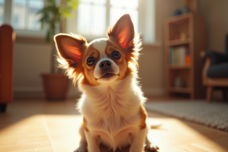 Chihuahua papillon assis sur un sol en bois en intérieur lumineux