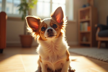 Chihuahua papillon assis sur un sol en bois en intérieur lumineux