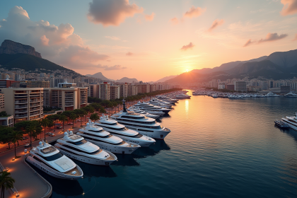 Ciel de Monaco au coucher du soleil avec yachts et bâtiments modernes