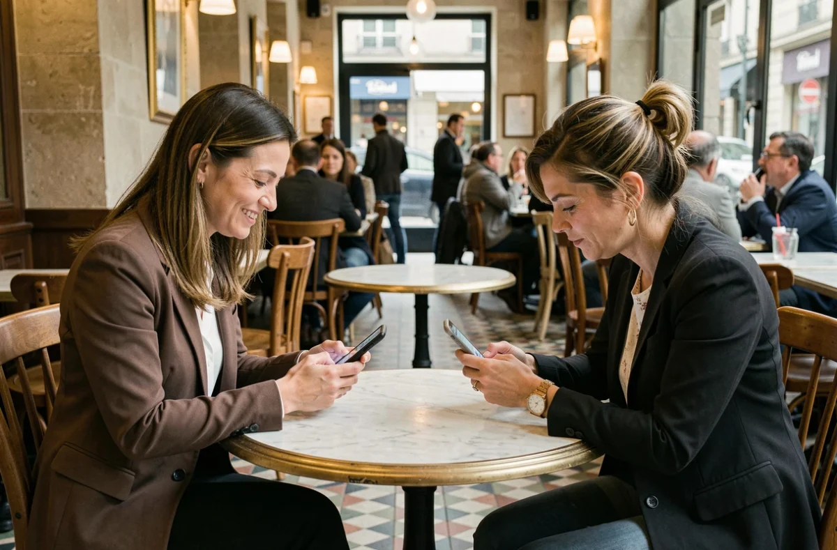 Deux femmes jouent à la coinche en ligne sur leurs smartphones dans un café parisien animé