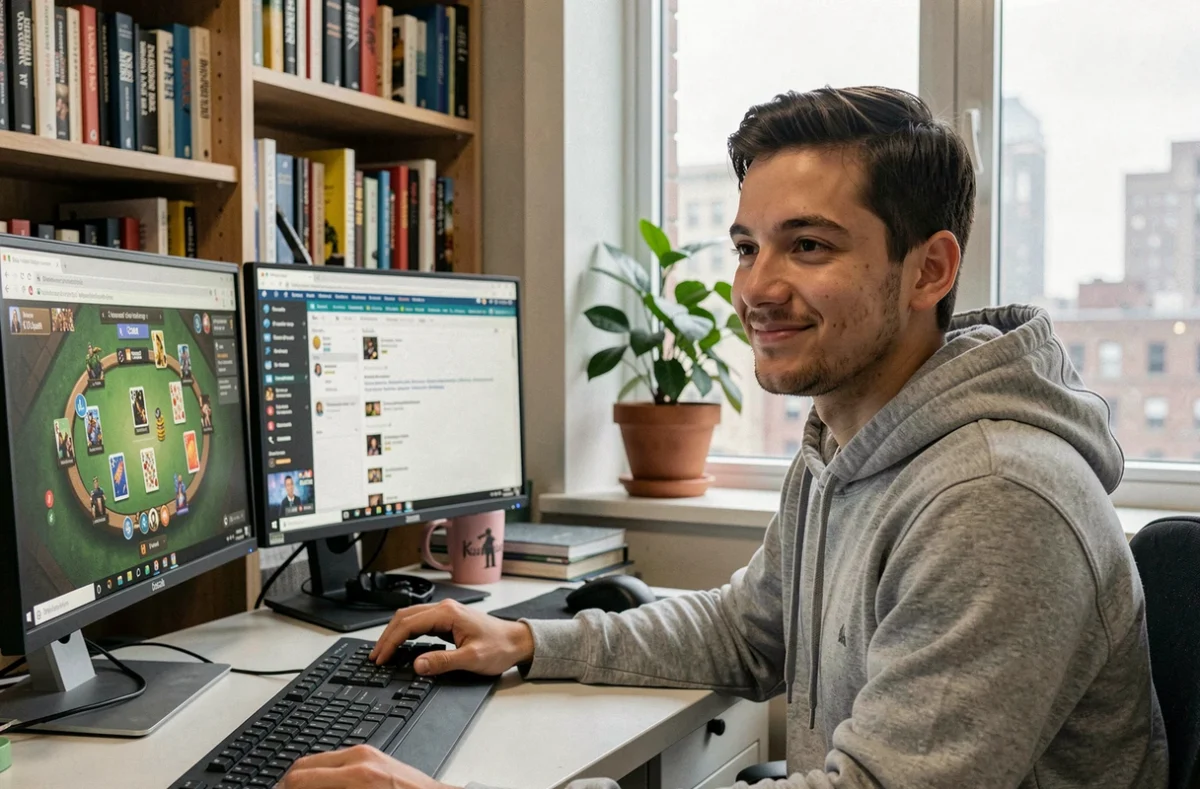 Un jeune homme joue à la coinche en ligne sur un double écran dans son bureau à domicile en appartement urbain