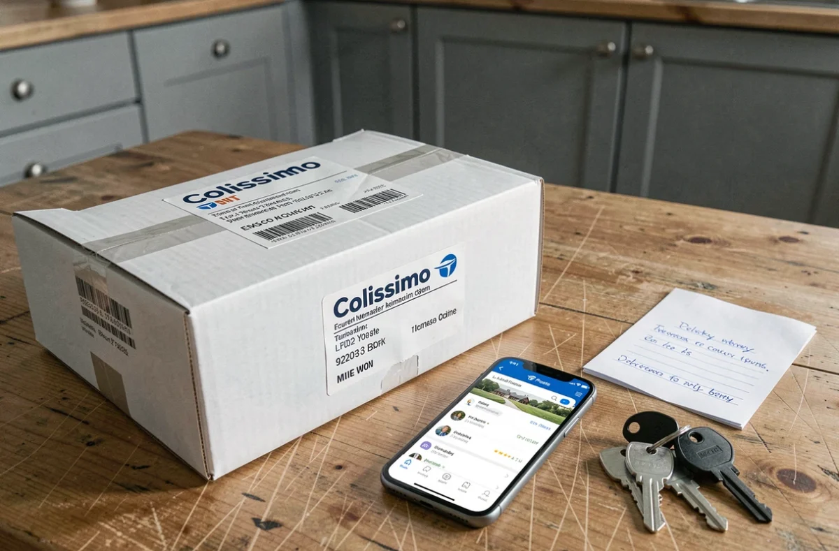 Vue de dessus d'un colis Colissimo avec étiquette d'expédition et smartphone affichant le suivi de livraison