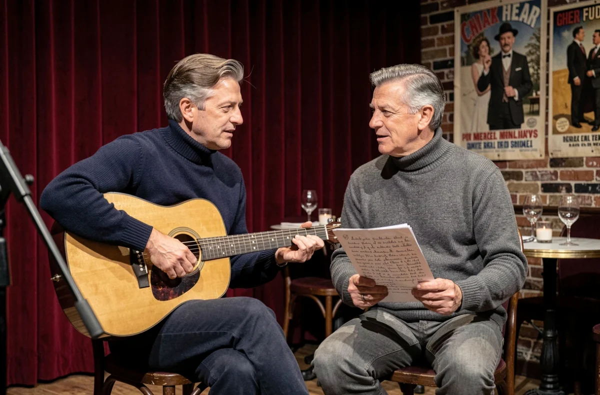Deux artistes masculins collaborant sur scène dans un cabaret parisien typique des années 60