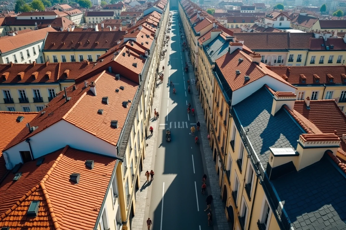 Vue aérienne comparative de deux rues françaises contrastées, une du sud évoquant Nice et une du nord évoquant Lille, illustrant le choix de quartier