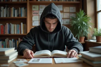 Jeune homme comparant des volumes de manga japonais et des scans traduits en français sur un bureau encombré de livres