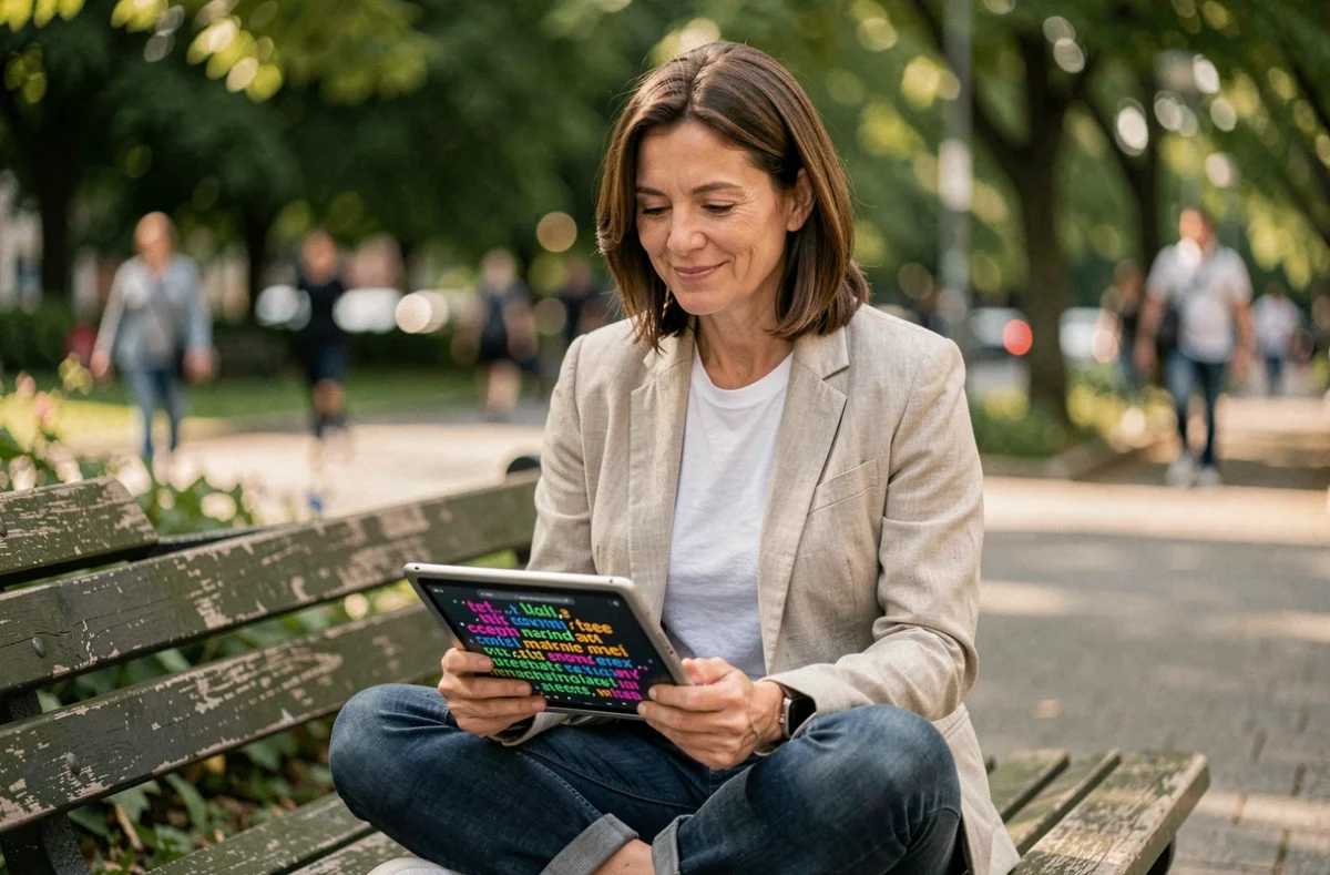 Femme comprenant la sémantique vectorielle sur une tablette dans un parc urbain ensoleillé