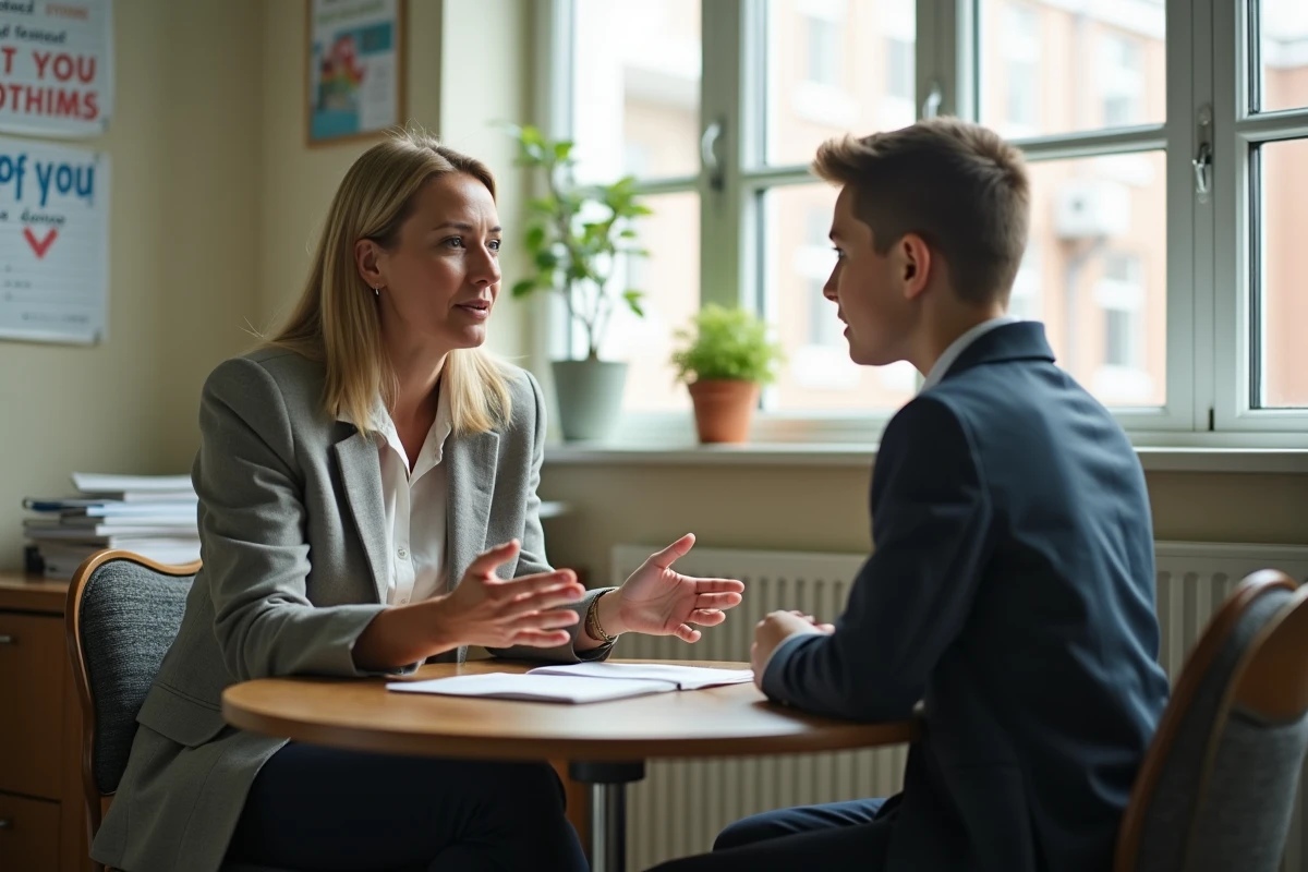 Conseillère scolaire discutant calmement des émotions avec un jeune garçon dans un bureau scolaire