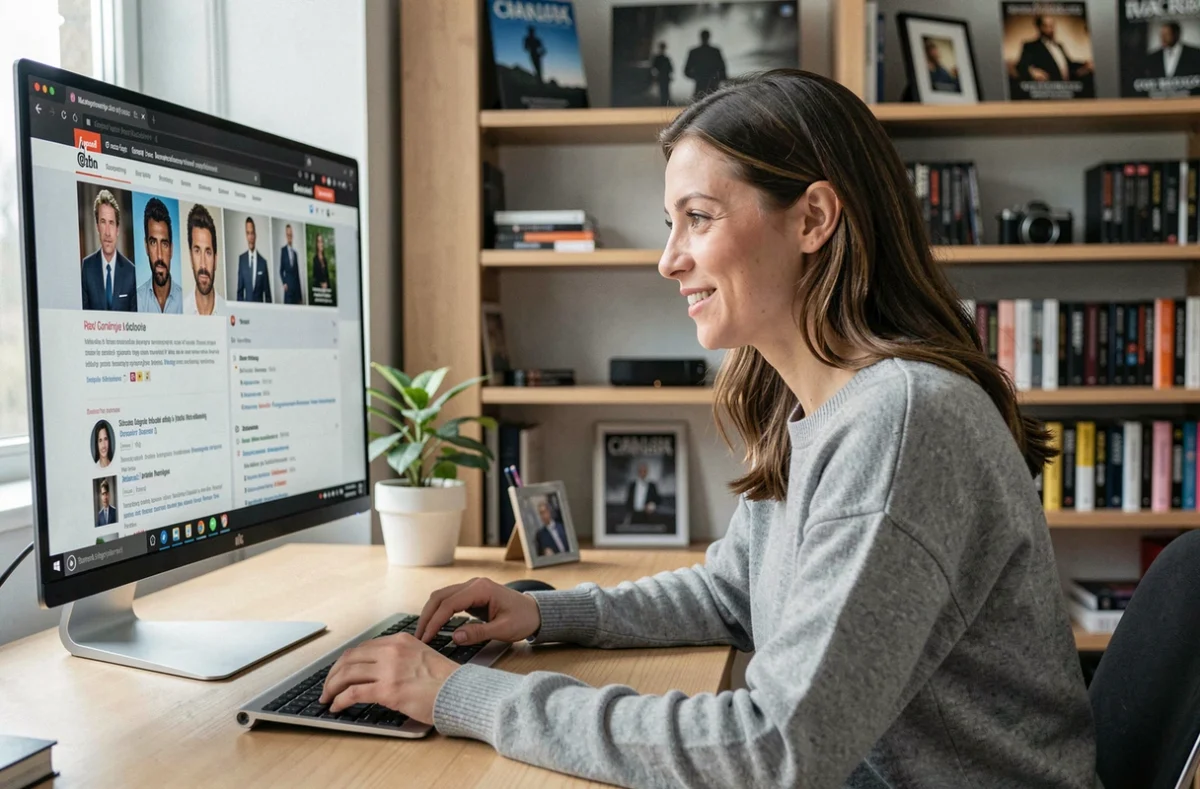 Femme consultant le site fan kellanlutz.fr sur son ordinateur dans un bureau à domicile