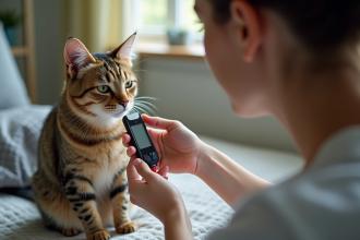 Propriétaire de chat vérifiant le taux de glucose d'un chat tacheté