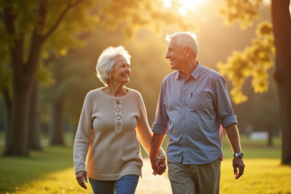 Couple mature main dans la main dans un parc ensoleille