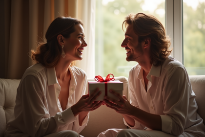 Couple élégant célébrant leur 8e anniversaire de mariage à la maison