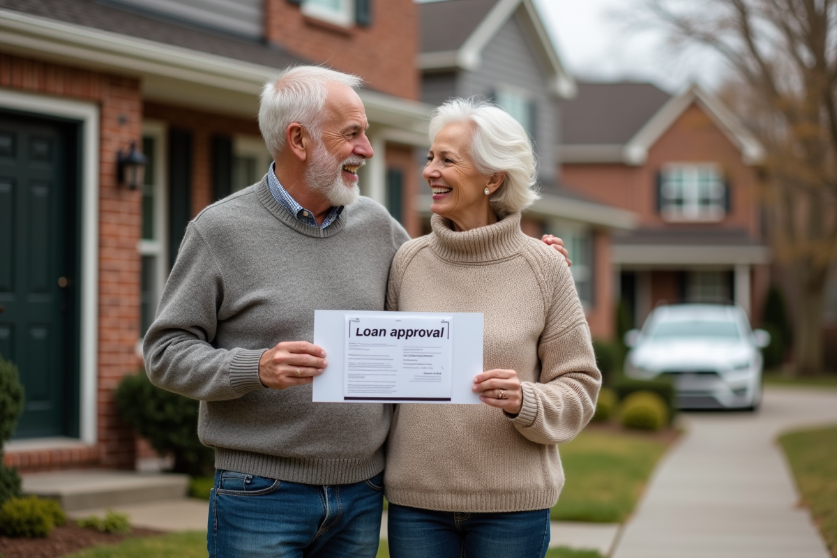 Couple souriant devant leur maison avec document d approbation de pret