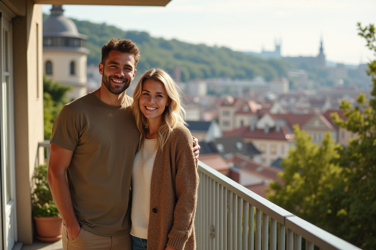 Jeune couple souriant sur balcon avec vue urbaine