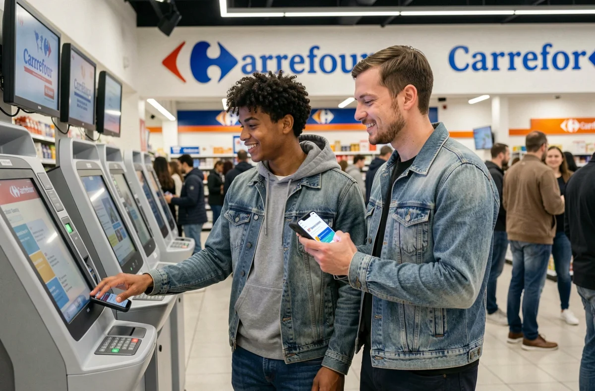 Couple utilisant un bon de réduction numérique à une caisse automatique de supermarché Carrefour