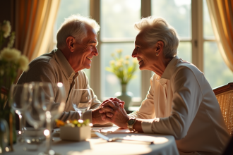 Couple d'âge élégant échangeant un regard amoureux lors d'un dîner