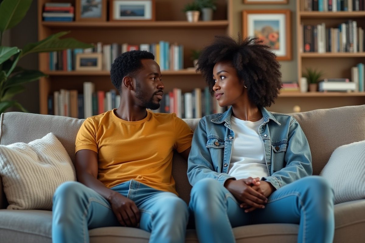 Jeune couple interracial assis sur un canapé dans un salon moderne