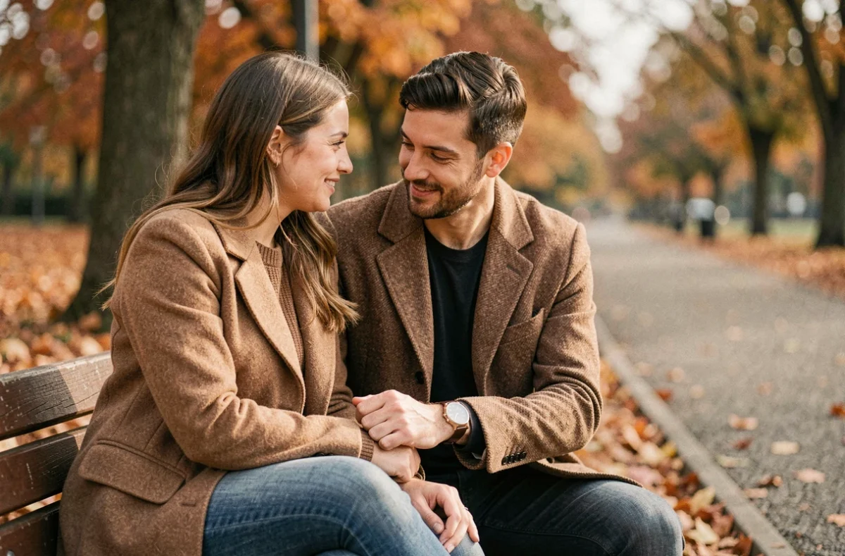 Couple dans un parc en automne remarquant l'heure 9h09 sur une montre, illustrant l'impact des heures miroirs sur l'amour