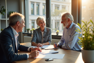 Couple senior rencontrant un banquier dans un bureau lumineux